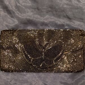 Vintage Black Beaded Clutch silk lining